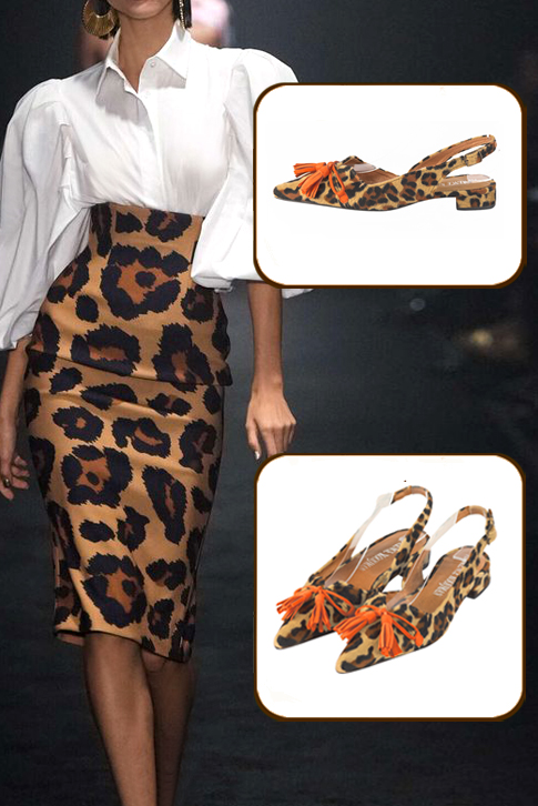 Women's animal print and clementine orange elegant slingback heels, with a bow on the front. Pointed toe. Flat flare heels - Top view